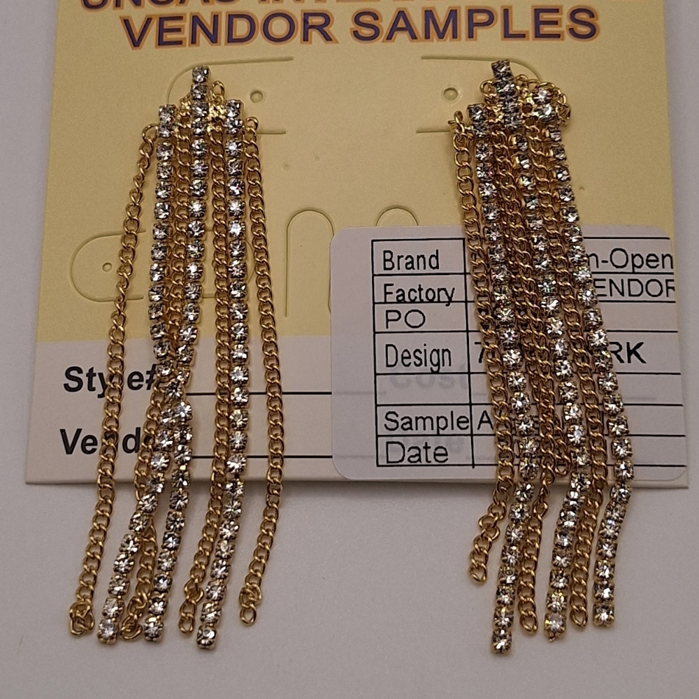 Gold Rhinestone Fringe Statement Earrings Chain Tassel Drop NWT